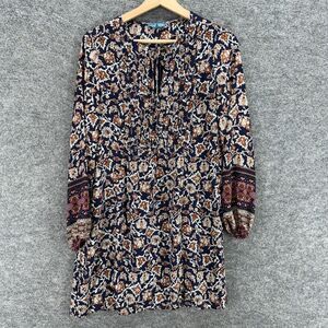 Fleur Bleue Mini Dress Women 2 Blue Floral Short Tasseled Long Sleeve Round Neck